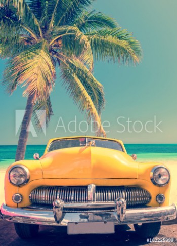 Picture of Classic car on a tropical beach with palm tree vintage process